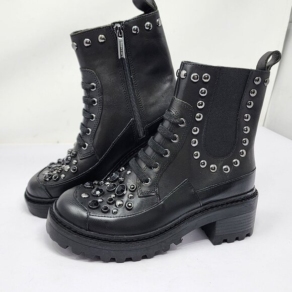Karl Lagerfeld 5.5M Breck Black Studded Leather Moto Booties chunky Heel NEW - Picture 1 of 11
